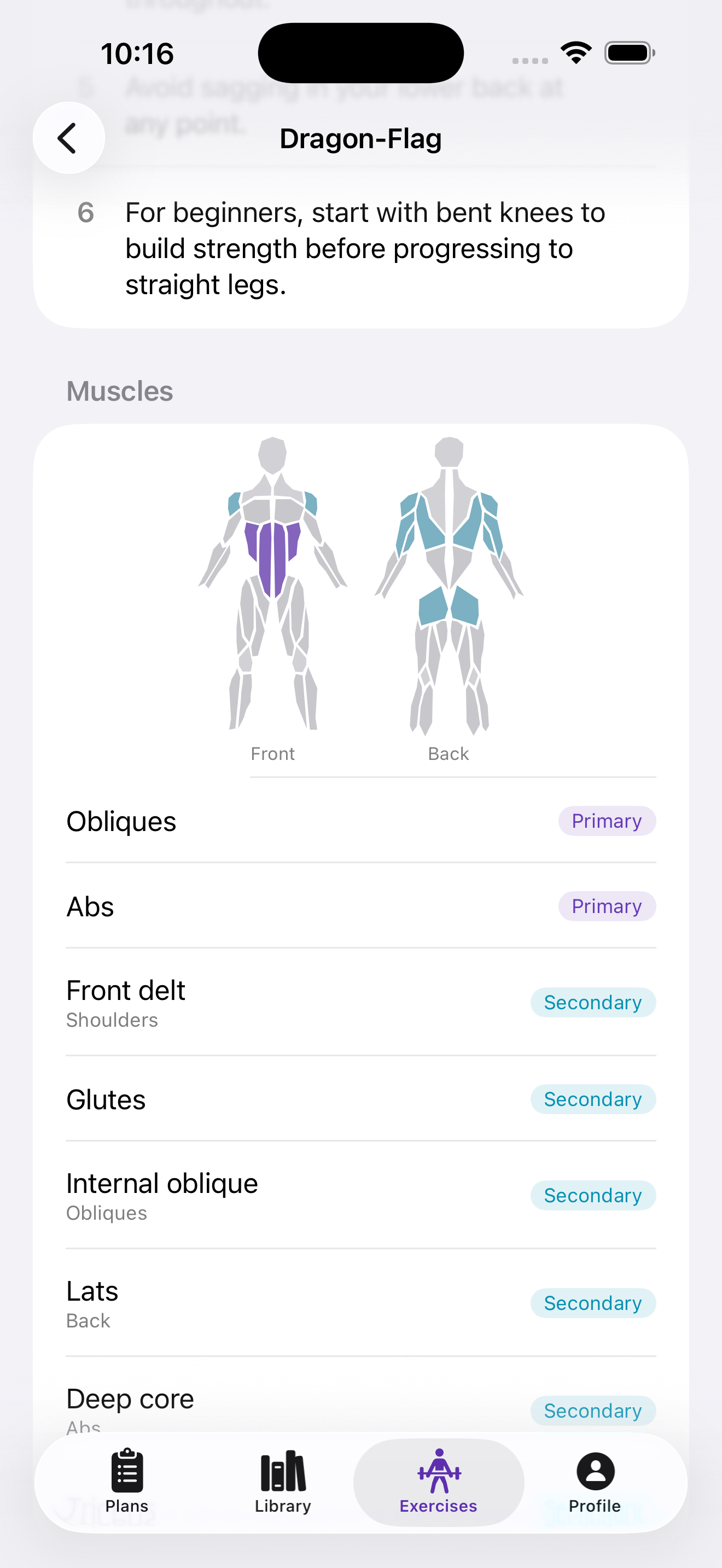 Exercise detail screen with muscle diagram and primary and secondary targets