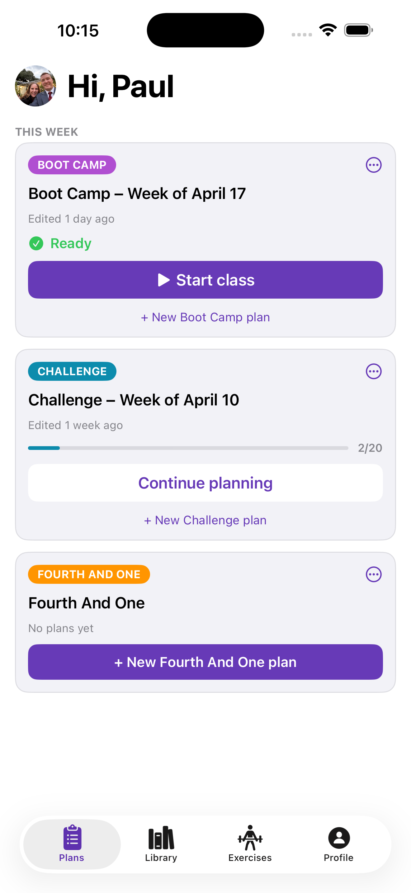 Weekly plans home screen with Start class action